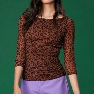 Diane Von Furstenburg DVF Ruched Mesh Double Layer Leopard Print Blouse